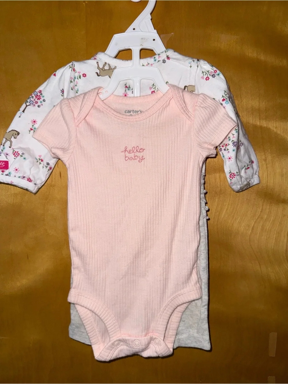 Carter's Pink Ribbed Bodysuit, Floral Deer White Sleeper & Light Gray Pants Set